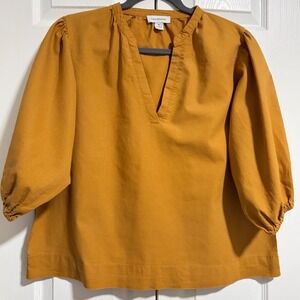 Calligraphie Mustard Yellow Linen Blend V-Neck Puff Sleeve Blouse Medium